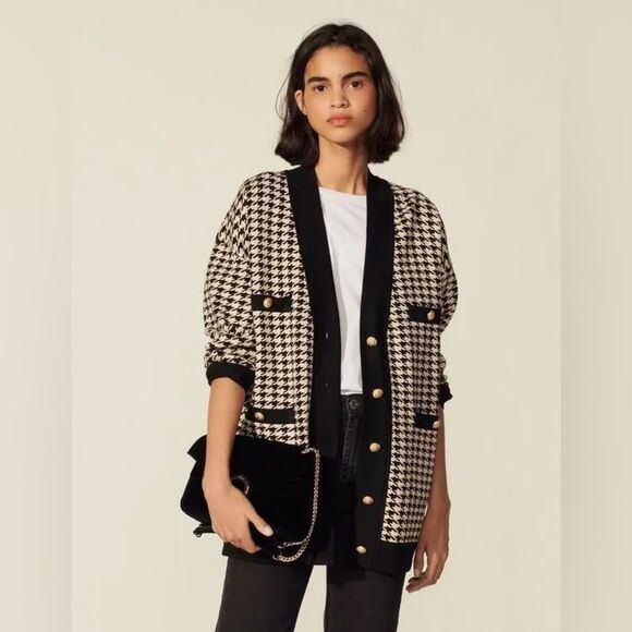 Sandro Long Houndstooth V-Neck Cardigan Sweater (authentic) Women’s Size 1-Paris - Picture 1 of 15